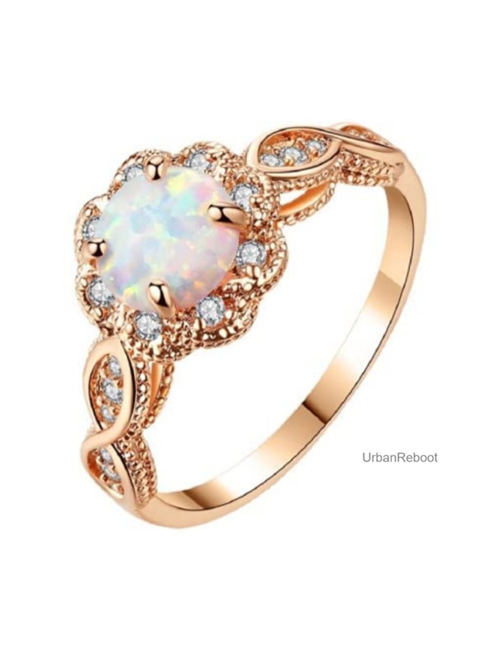 14K Gold Plated Rose Gold White Simulated Opal Ring Zirconia Wedding Engagement